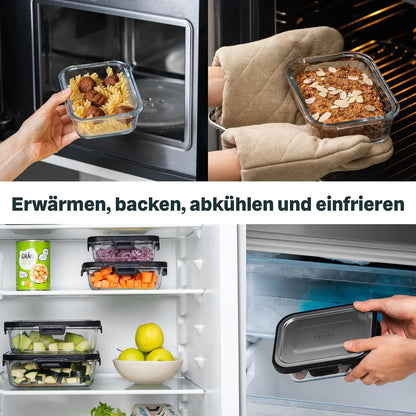 Silberthal glazen bewaarbakjes in gebruik bij magnetron, oven, koelkast en vriezer.