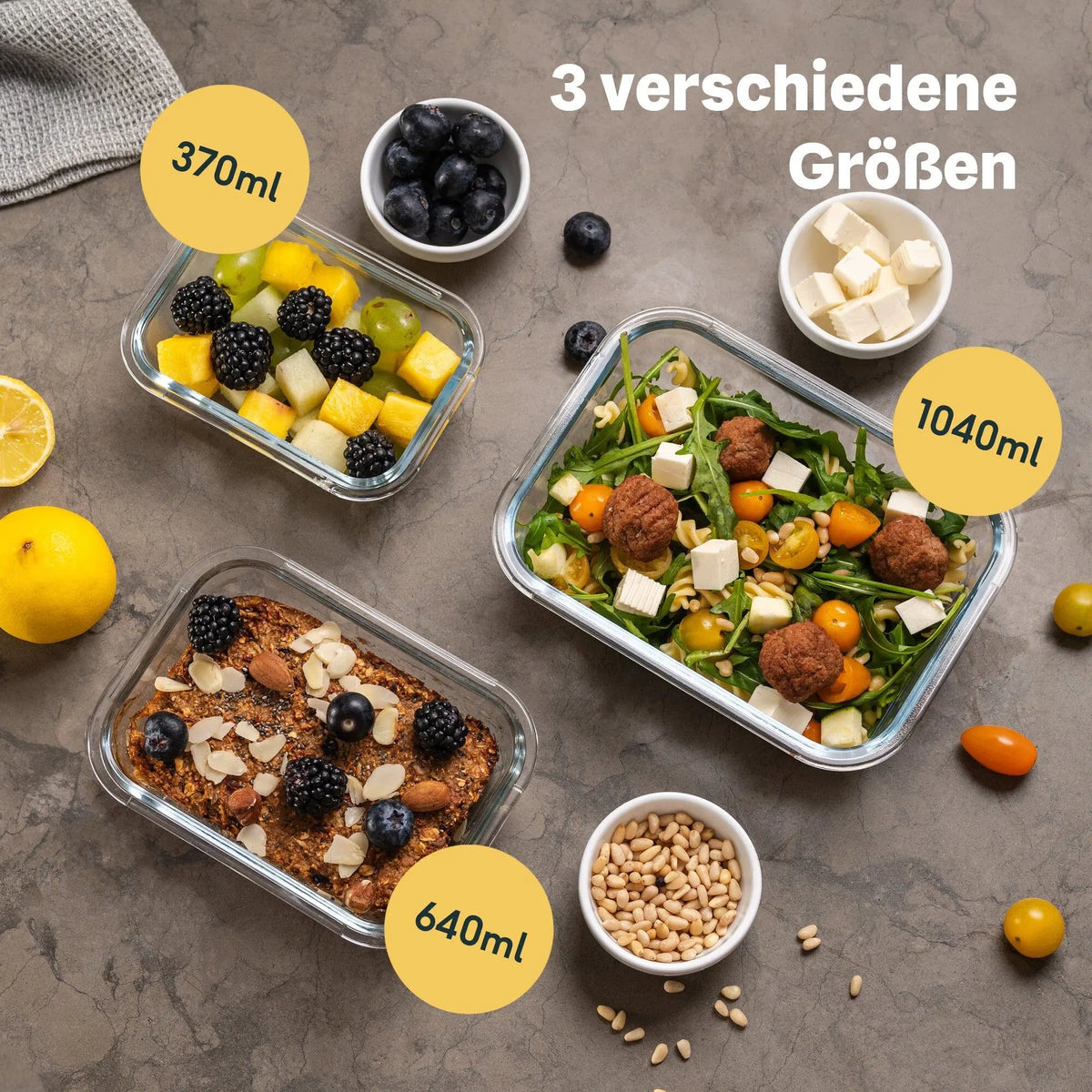Silberthal glazen bewaarbakjes van 370, 640 en 1040 ml met fruit, ontbijt en salade.