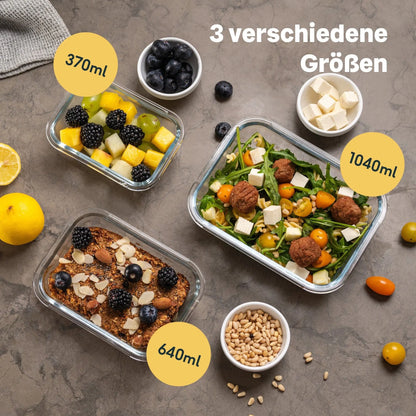 Silberthal glazen bewaarbakjes van 370, 640 en 1040 ml met fruit, ontbijt en salade.
