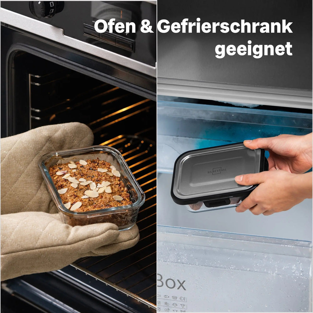 Silberthal glazen bewaarbakje zonder deksel bij de oven en met RVS deksel bij de vriezer.