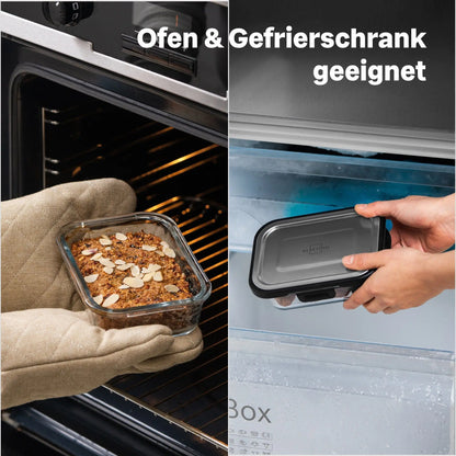 Silberthal glazen bewaarbakje zonder deksel bij de oven en met RVS deksel bij de vriezer.