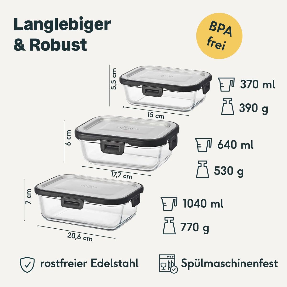 Maatoverzicht van Silberthal glazen bewaarbakjes met RVS deksels van 370, 640 en 1040 ml.