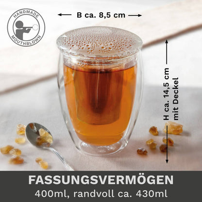 Theeglas 400ml all-in-one met RVS filter voor losse thee en kruidenthee
