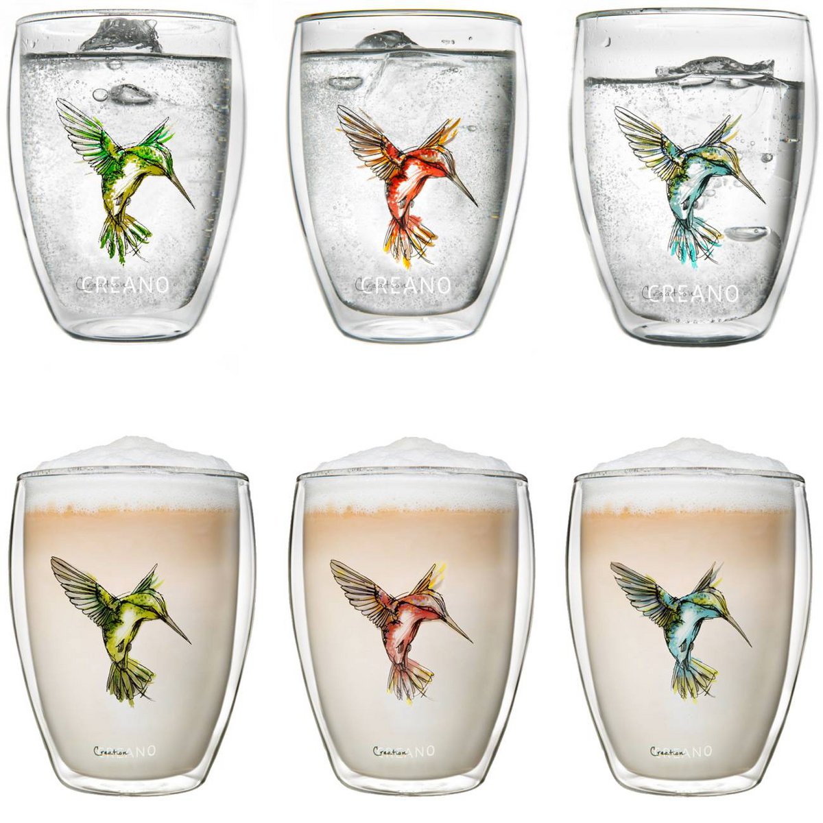 Creano thermoglazen set van 6 met kolibrie motief exclusieve geschenkverpakking
