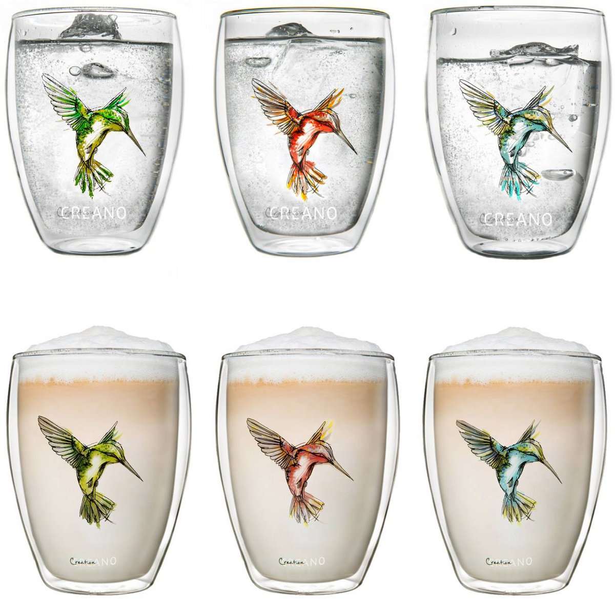 Creano thermoglazen set van 6 met kolibrie motief exclusieve geschenkverpakking
