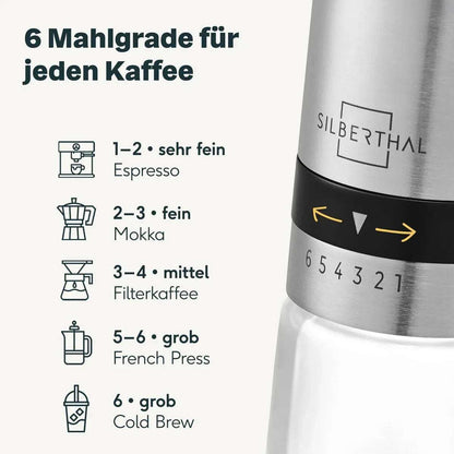 Handmatige Koffiemolen met Glazen Container – Silberthal Premium Koffiemaler met Keramisch Maalwerk - Dahomy.nl