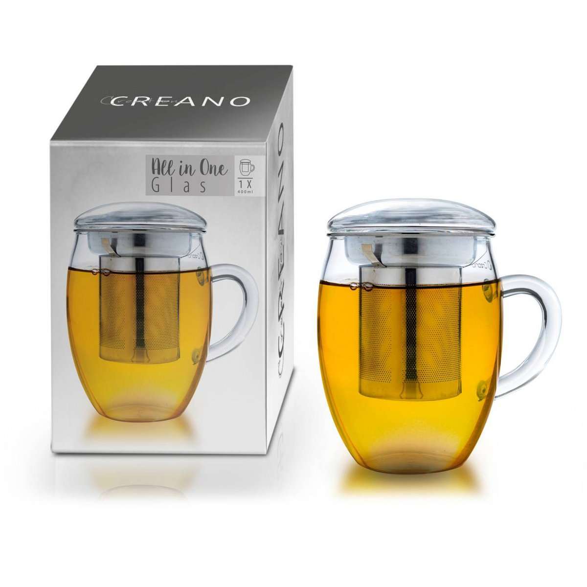 Creano theeglas 400ml all-in-one met roestvrijstalen filter en glazen deksel


