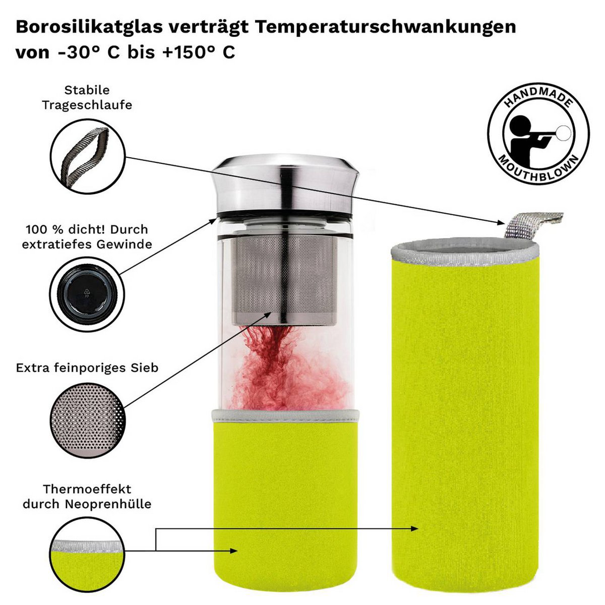 Creano groene Teamaker met roze thee in gebruik, met neopreen hoes en productdetails
