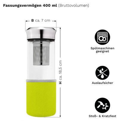 Lege Creano Teamaker 400ml met zichtbare roestvrijstalen filter en glazen beker
