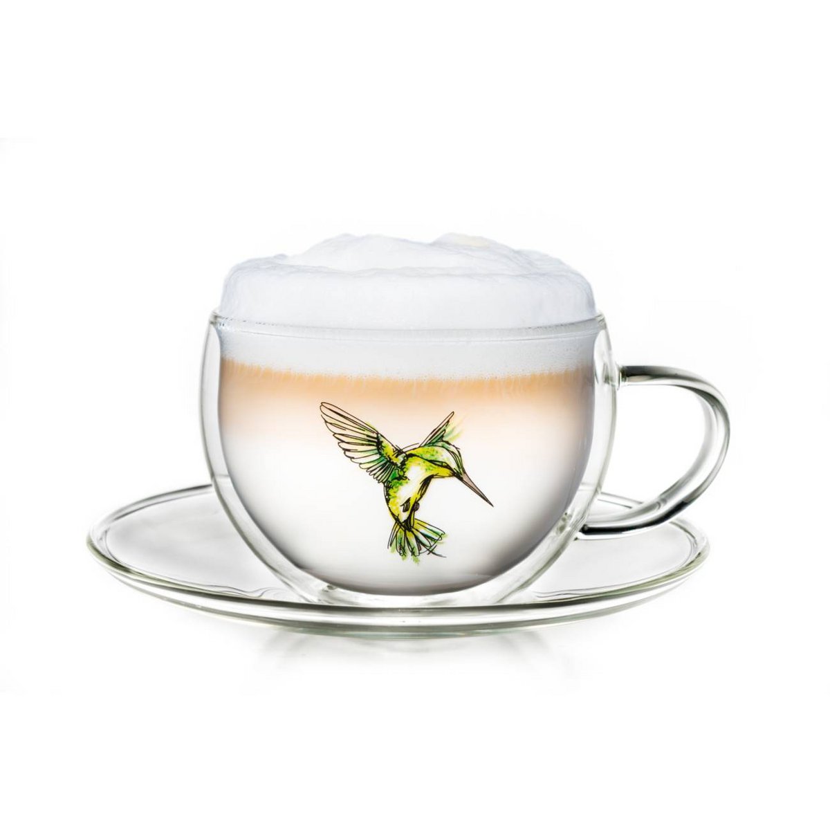 Creano Hummi thermokop 250ml dubbelwandig glas met groen kolibrie motief en handvat
