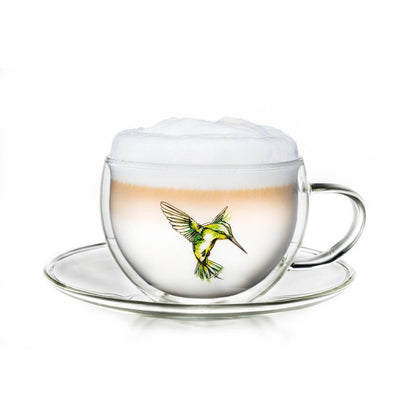 Creano Hummi thermokop 250ml dubbelwandig glas met groen kolibrie motief en handvat

