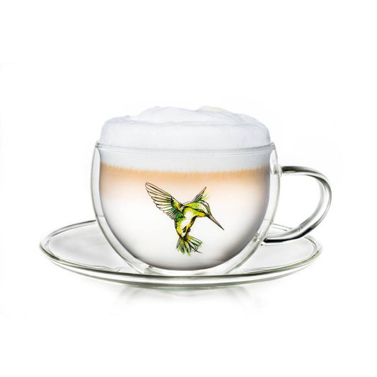 Creano Hummi thermokop 250ml dubbelwandig glas met groen kolibrie motief en handvat
