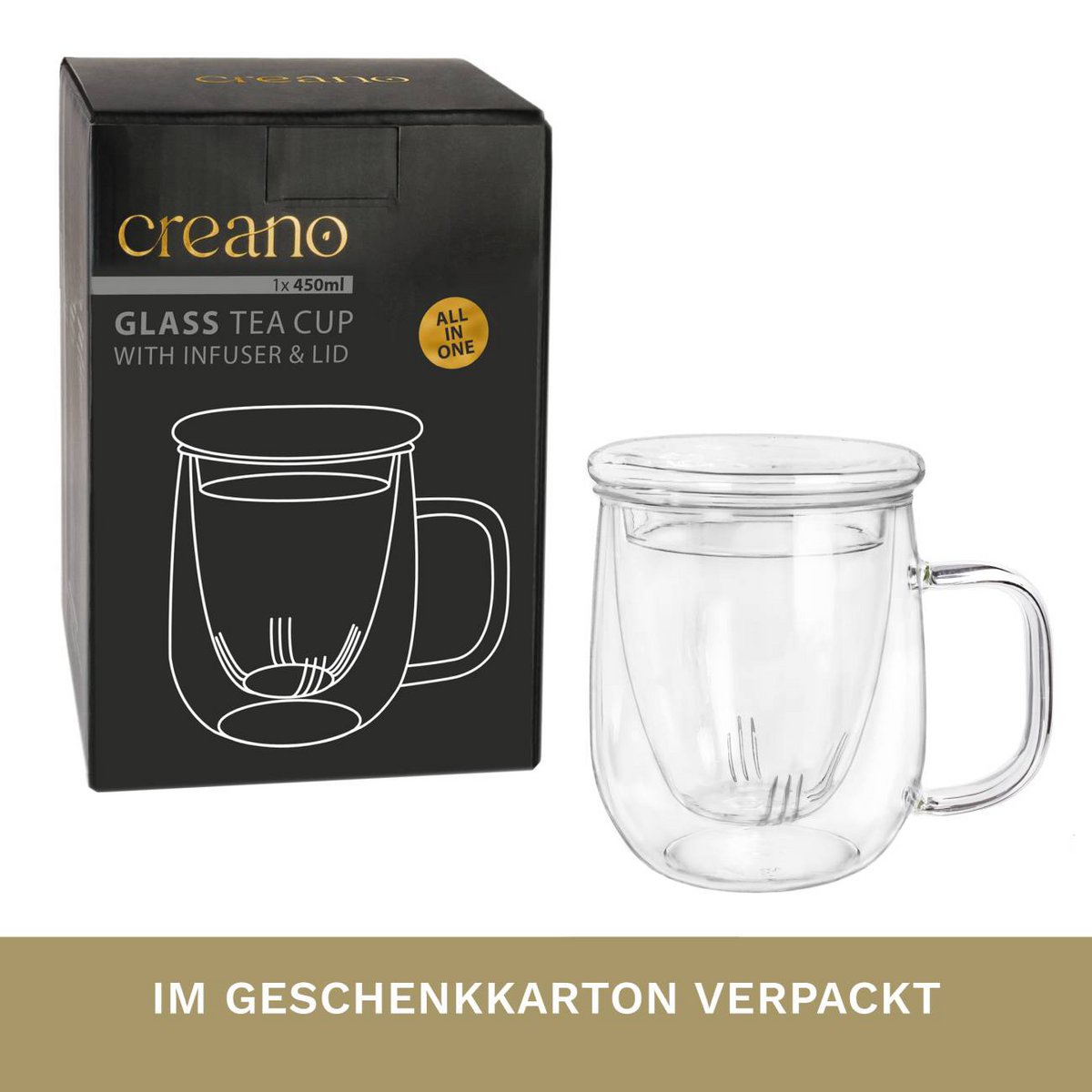 Creano theeglas 450ml verpakkingsdoos met productinformatie en specificaties
