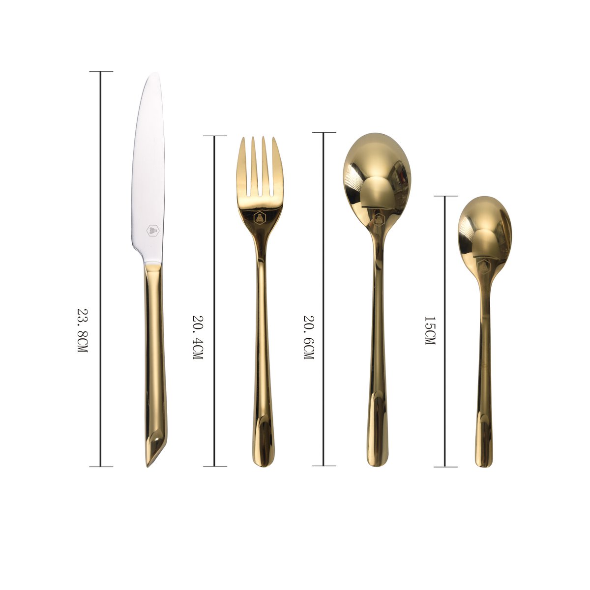 Laguiole Golden Shiny bestek close-up gouden coating _ afmetingen

