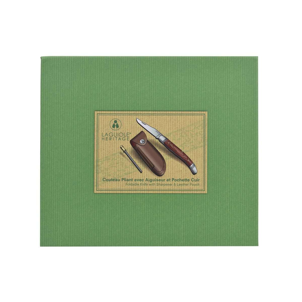 Laguiole Heritage zakmes Pakka hout groen in gesloten groene productdoos verpakking
