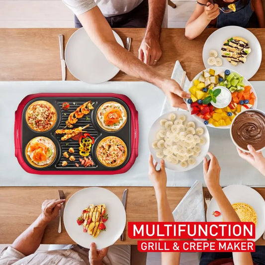 Tefal pannenkoekenmaker sfeerbeeld pannenkoek en grillen tegelijk multifunctioneel gebruik.