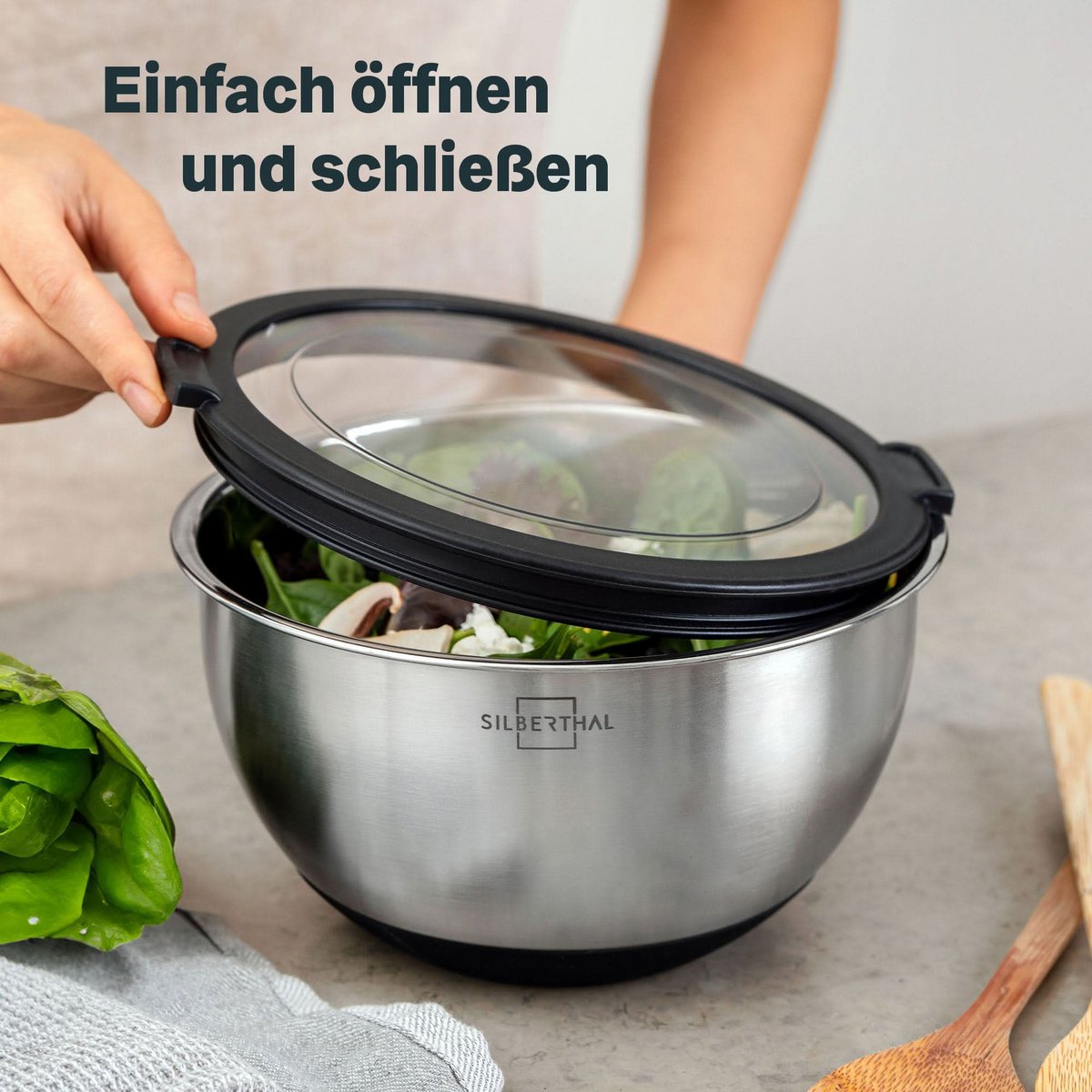 RVS saladekommen met waterdichte deksels voor bewaren in koelkast en meenemen
