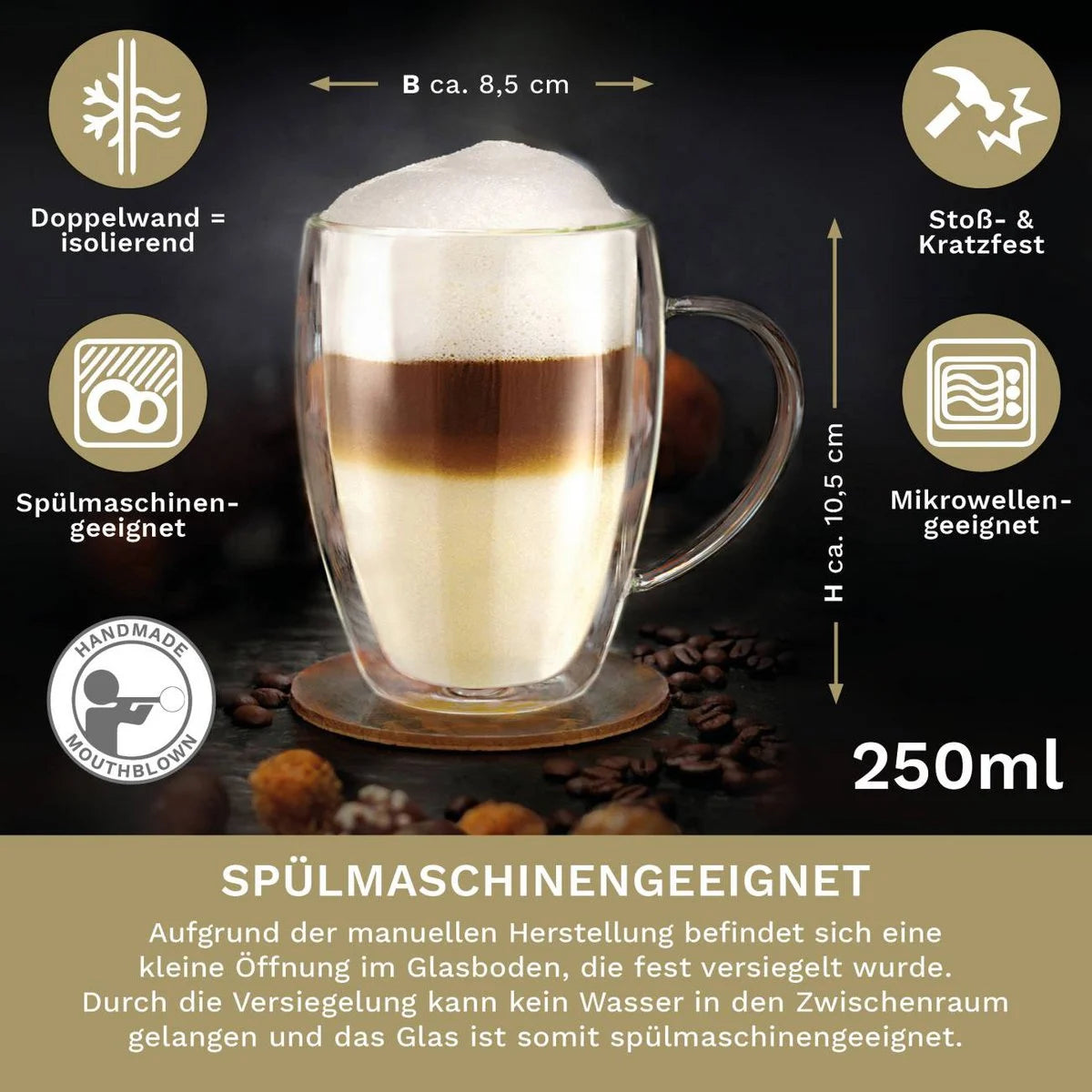 Dubbelwandige glazen met handvat gevuld met latte macchiato - geen condensatie

