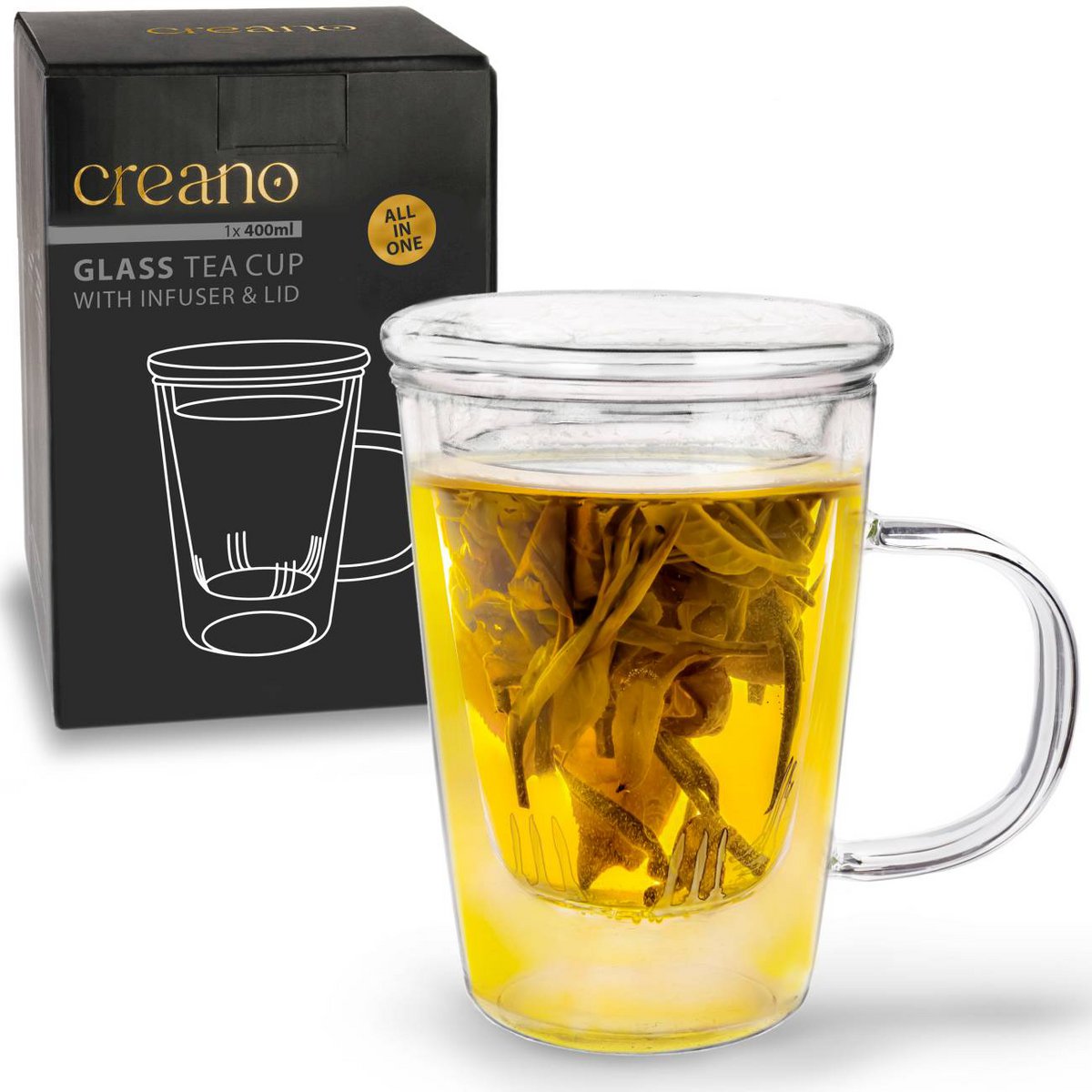 Grote theekop 400ml met deksel borosilicaatglas met productdoos

