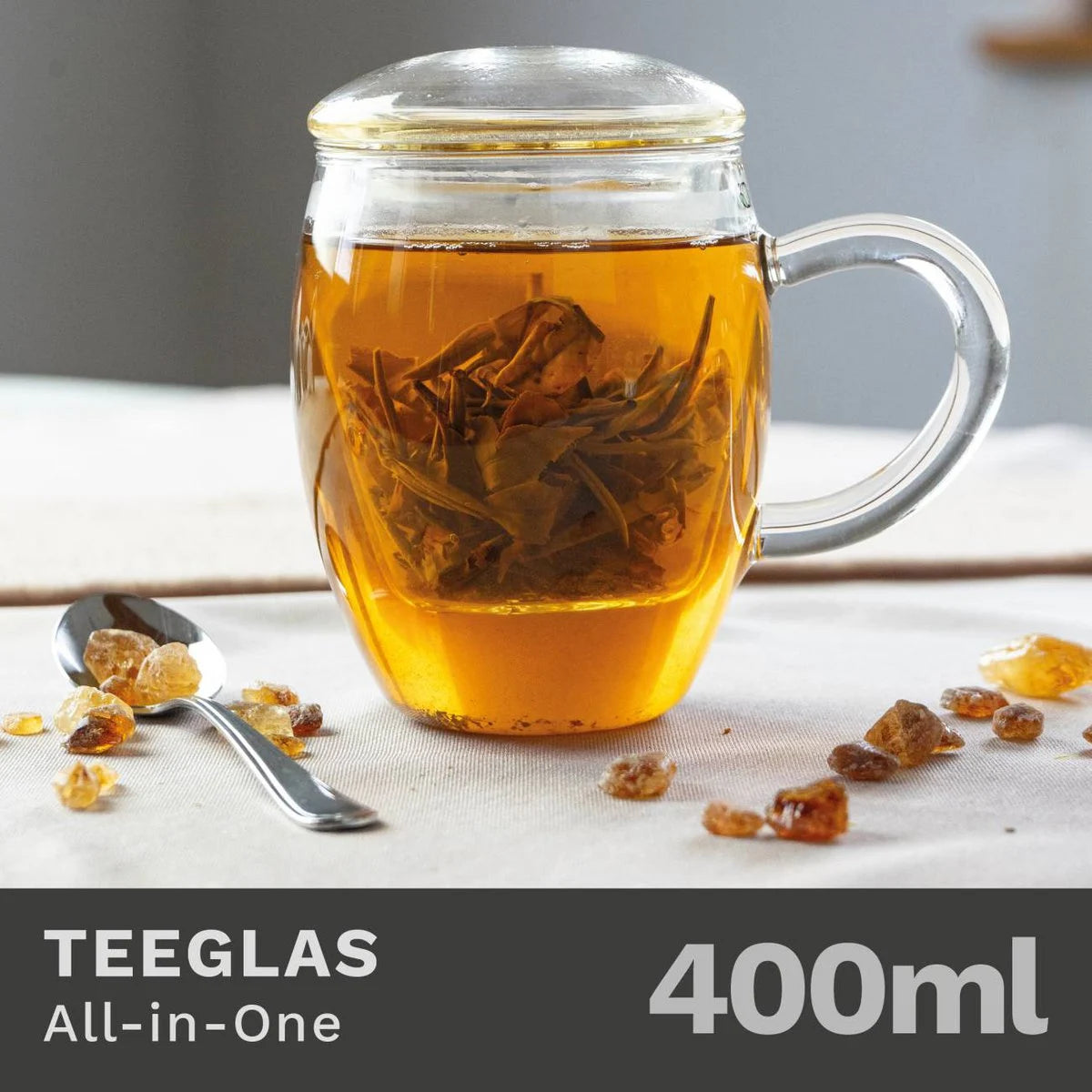 Theeglas met filter bovenaanzicht - afneembare thee zeef en deksel
