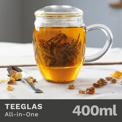 Theeglas met filter bovenaanzicht - afneembare thee zeef en deksel
