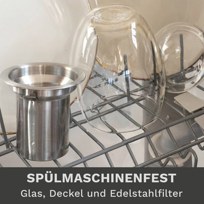 Theeglas 400ml dubbelwandig druppelvrij gieten met roestvrijstalen filter
