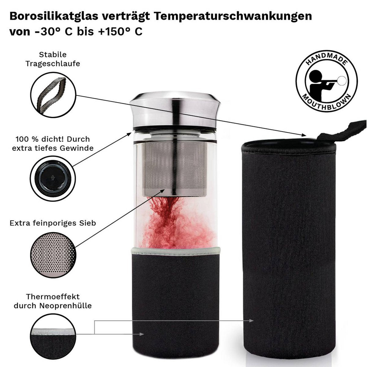 Creano Teamaker met roze thee in gebruik, met neopreen hoes en productdetails
