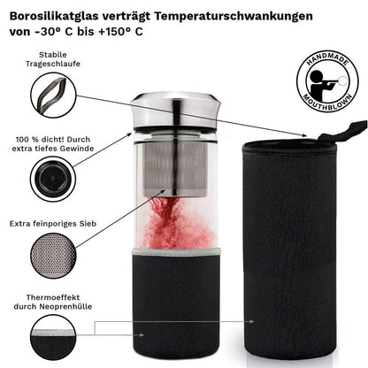 Creano Teamaker met roze thee in gebruik, met neopreen hoes en productdetails
