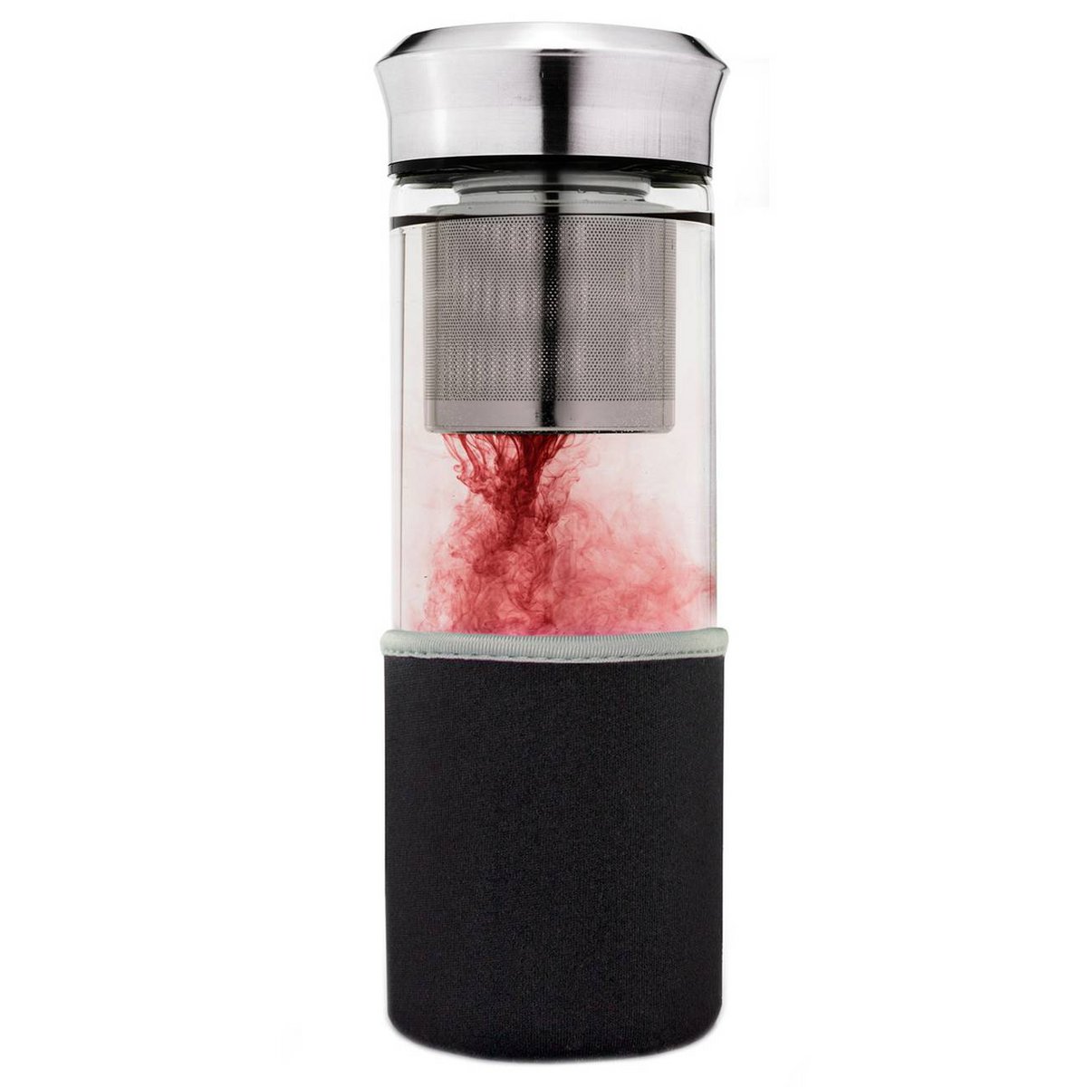 Close-up Creano Teamaker met roze fruitthee en zichtbare roestvrijstalen zeef
