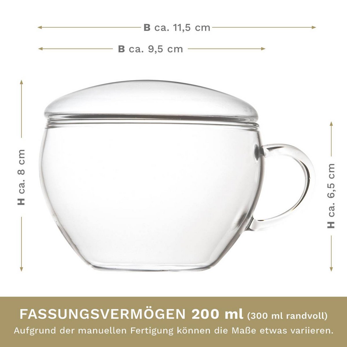 Creano Teelini theekop 200ml met transparant glas voor thee ritueel - afmetingen
