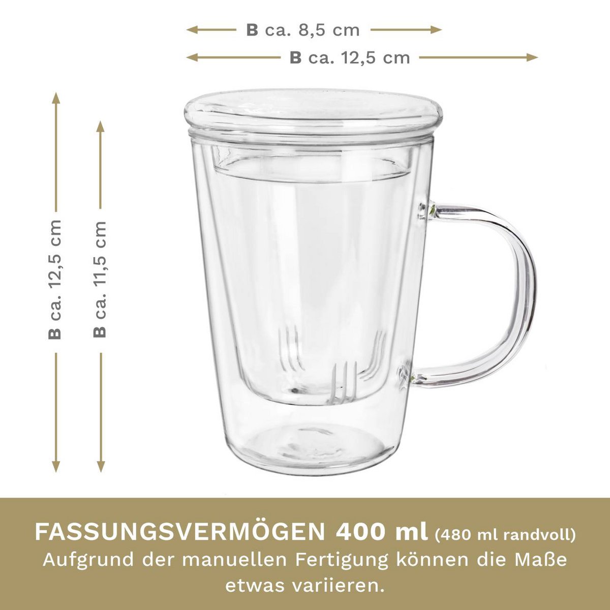 Creano theeglas met transparante glazen zeef perfect voor losse thee - afmetingen
