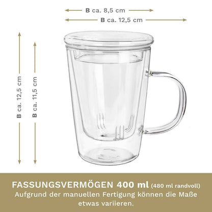 Creano theeglas met transparante glazen zeef perfect voor losse thee - afmetingen
