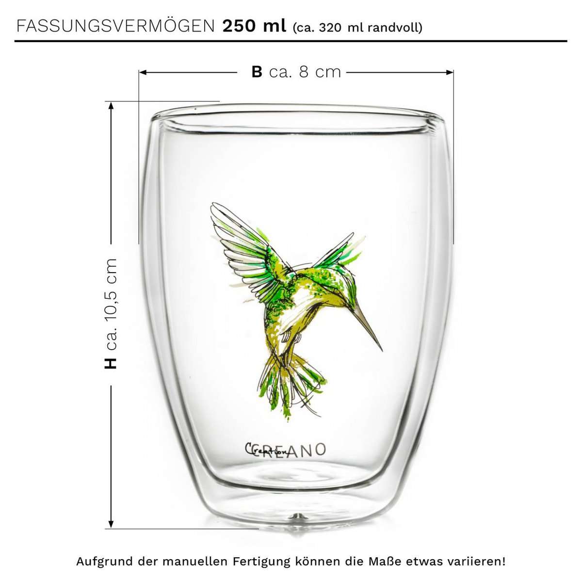 Creano Hummi thermoglas detail kolibriemotief in hittebestendig borosilicaatglas - afmetingen

