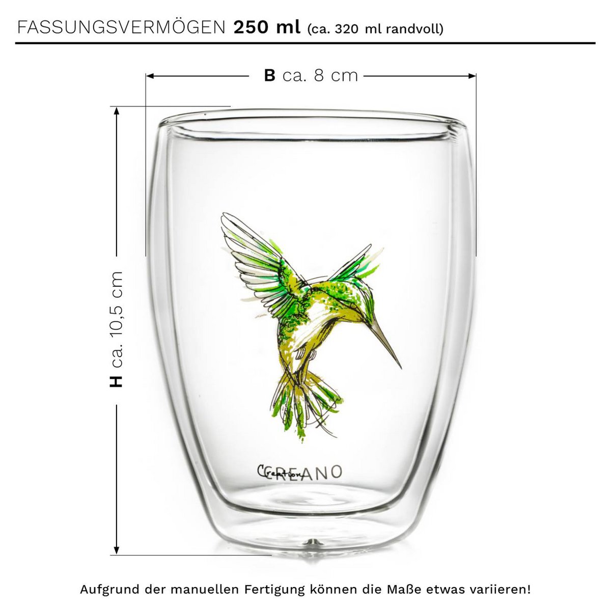 Creano Hummi thermoglas detail kolibriemotief in hittebestendig borosilicaatglas - afmetingen

