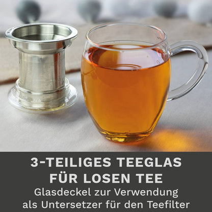 Creano theeglas gevuld met heerlijke thee en RVS filter met fijne poriën

