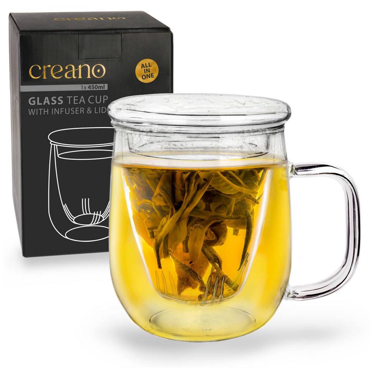Creano theeglas 450ml met geïntegreerde glazen zeef en deksel grote theekop
