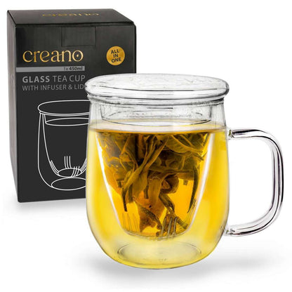 Creano theeglas 450ml met geïntegreerde glazen zeef en deksel grote theekop
