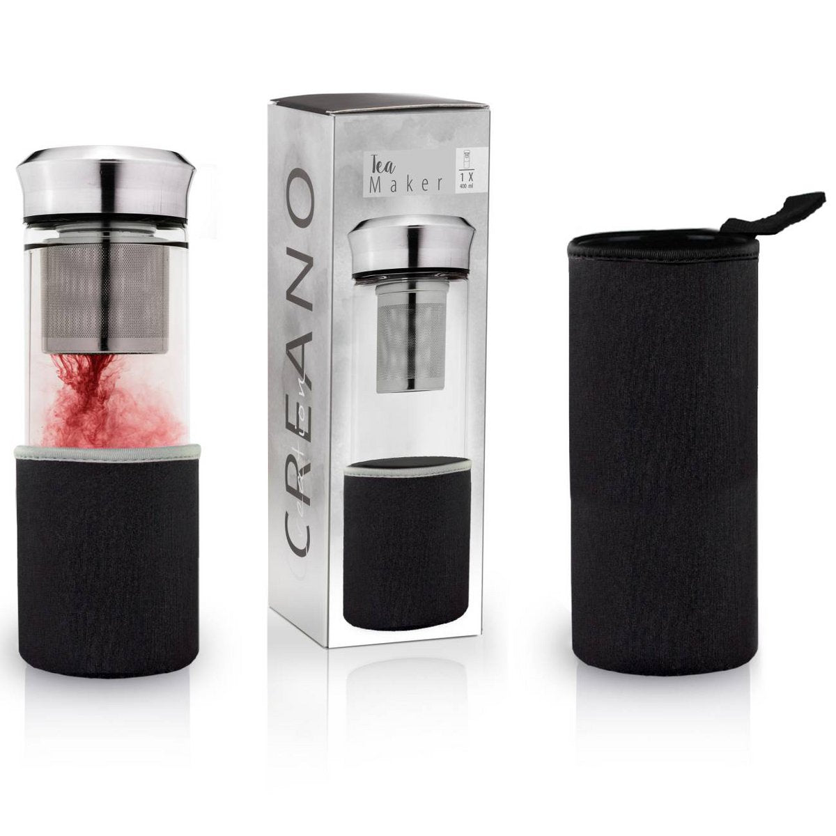 Creano Teamaker 400ml complete set met verpakking, neopreen hoes en roze thee
