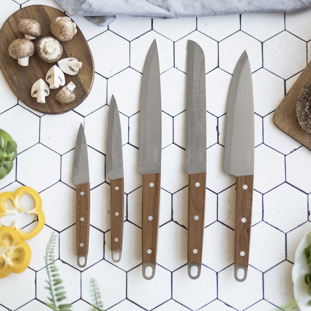 Livoo messenset Guy129 detail RVS messen beukenhout handvat 3 klinknagels
