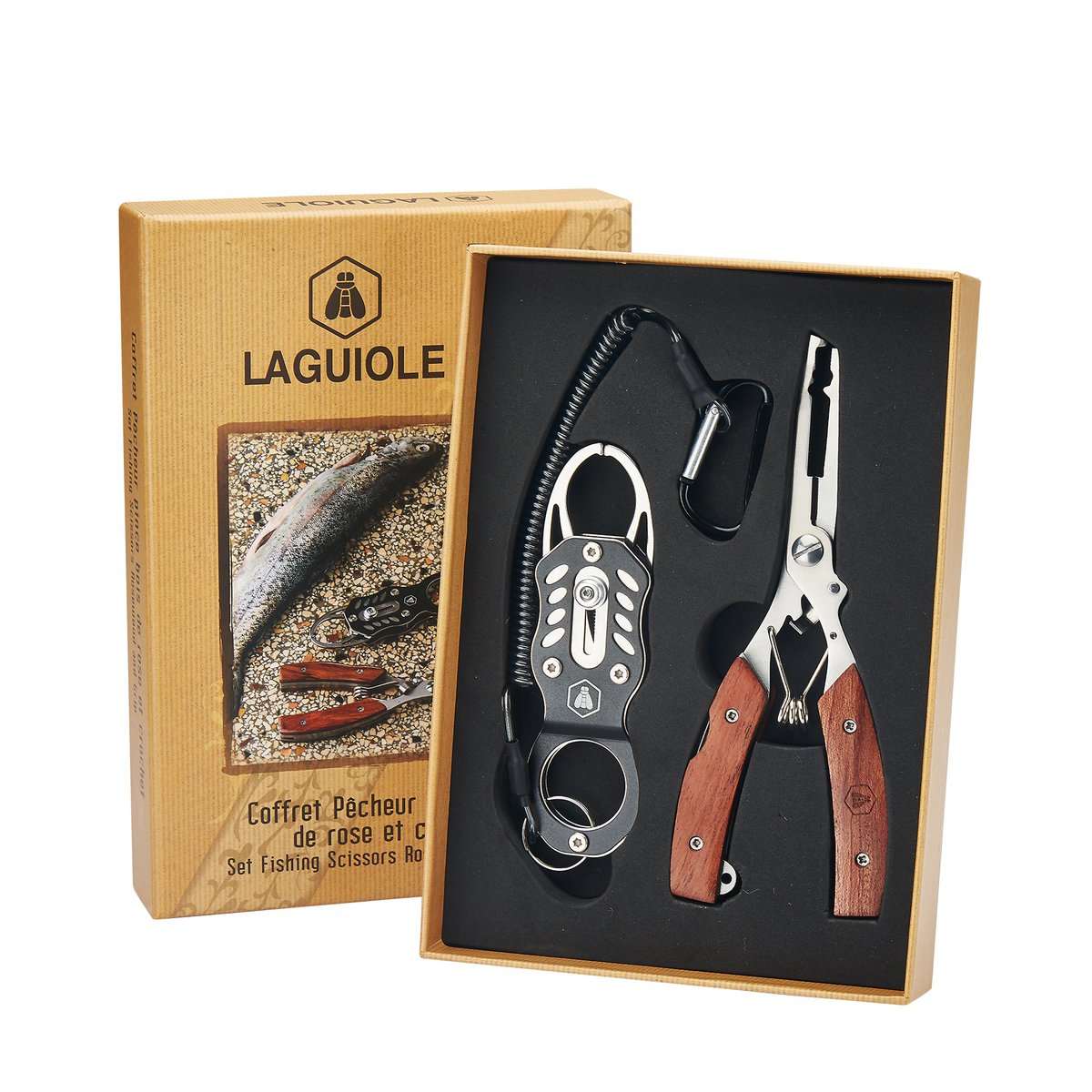 Laguiole Coffret Pêcheur visschaar set met palissander grip in geschenkdoos