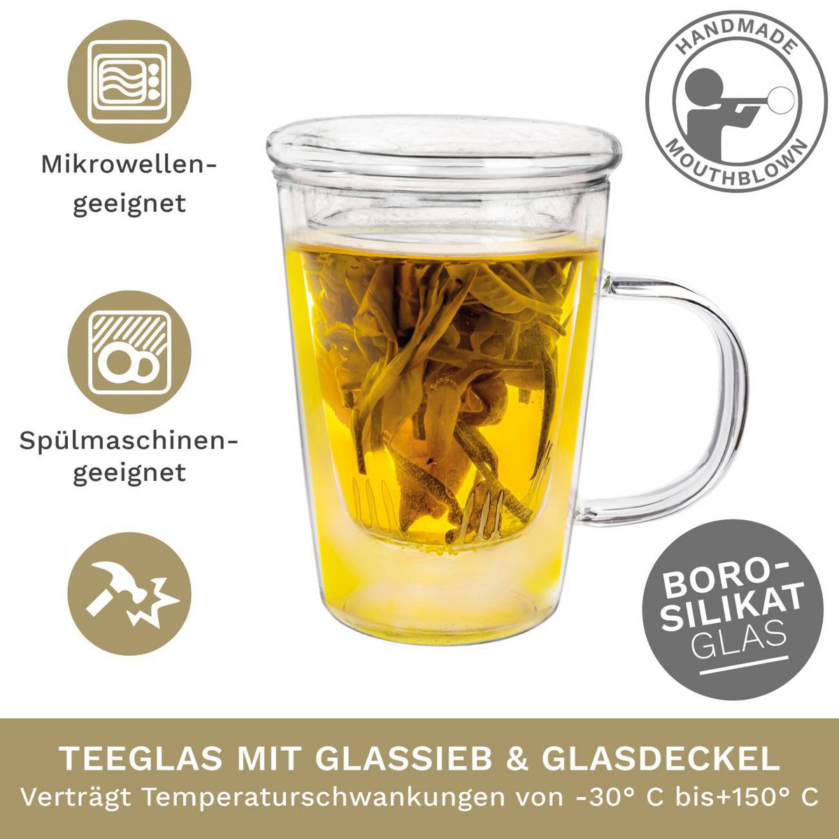 Theekop 400ml met zeef en handvat voor groene thee zwarte thee en kruidenthee - met productinformatie