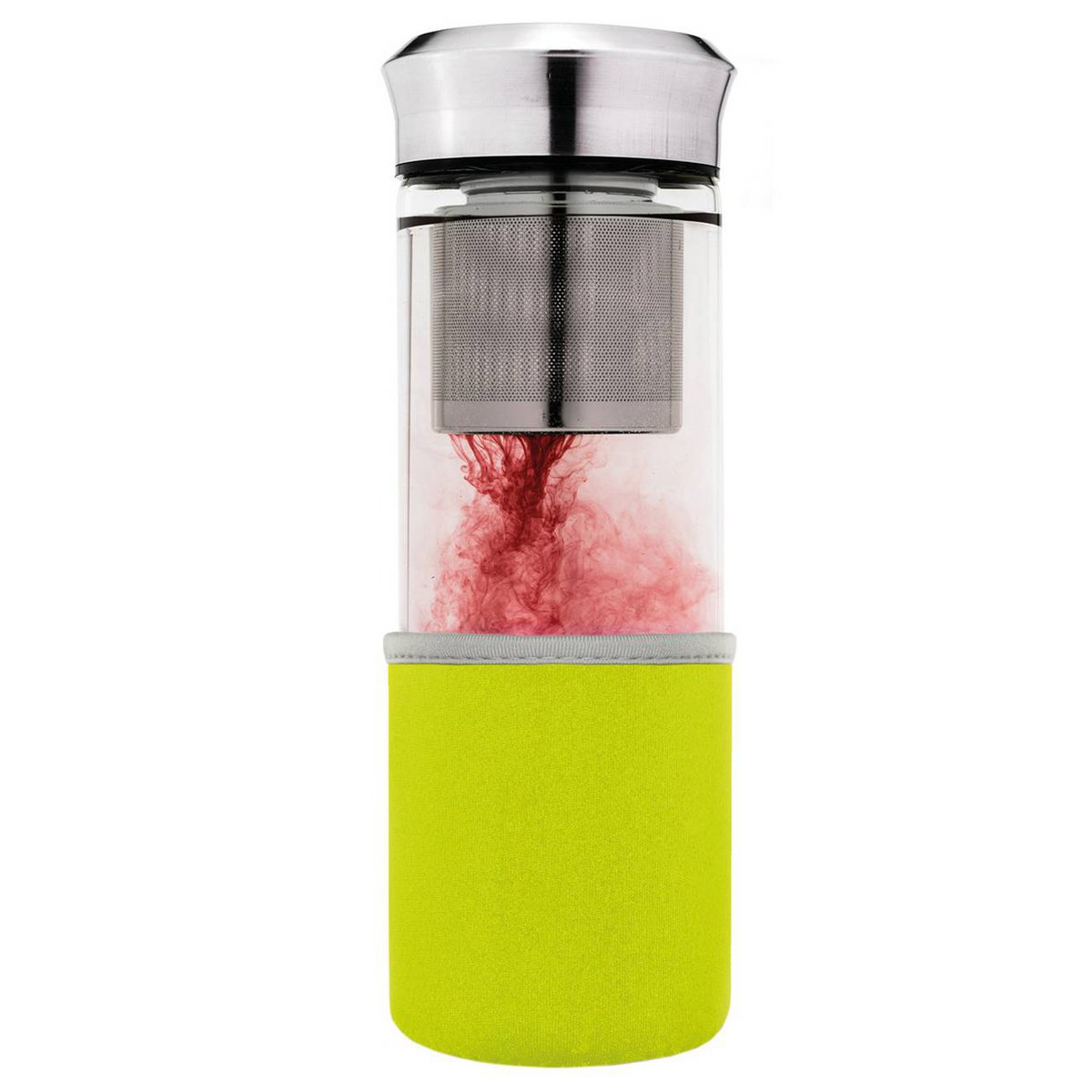 Close-up Creano groene Teamaker met roze fruitthee en zichtbare roestvrijstalen zeef
