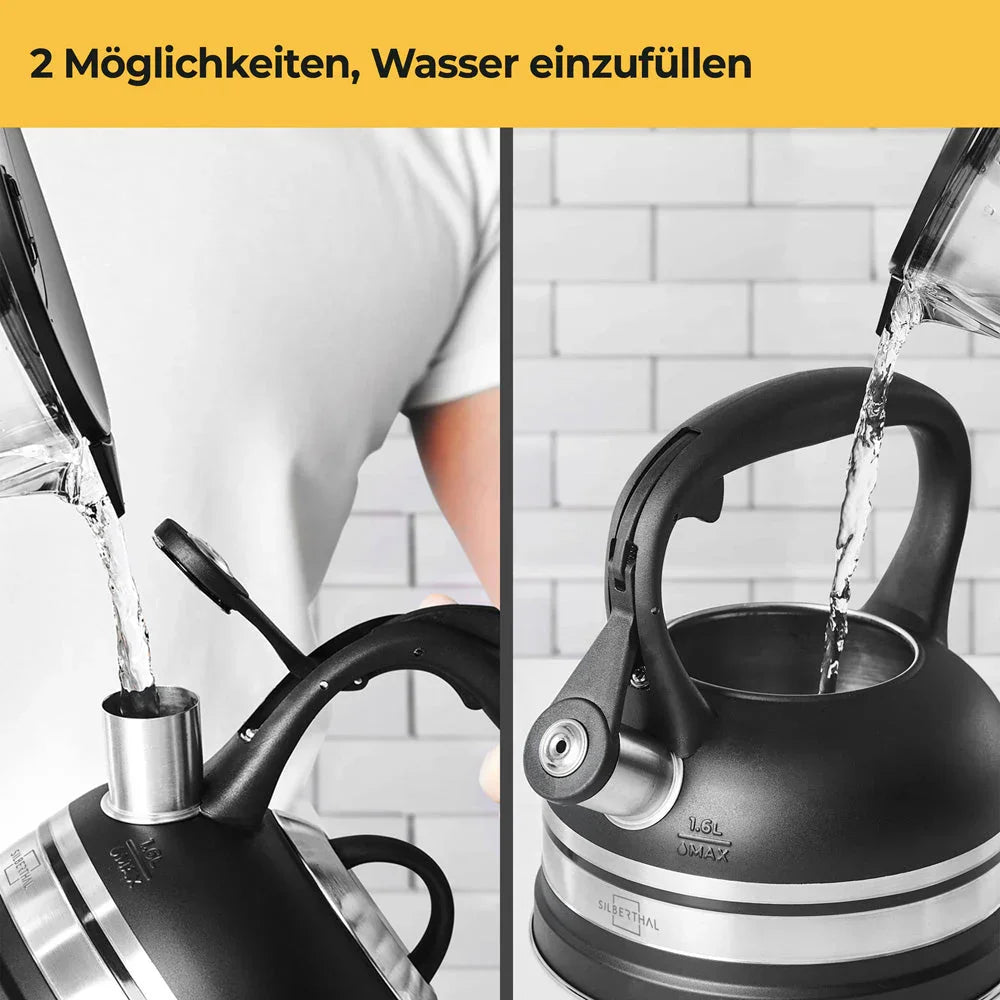 waterkoker RVS stijlvol zwart en zilver 1,6 liter geschikt voor alle soorten fornuizen incl. inductie